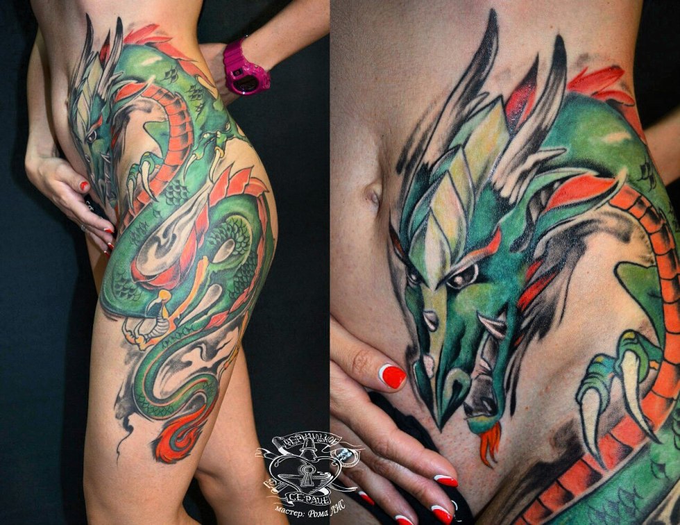 Tattoo Chinese dragon on the hip