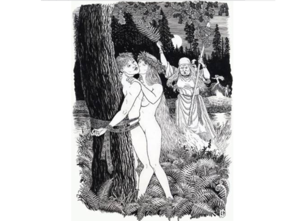Naked women in the forest by the fire