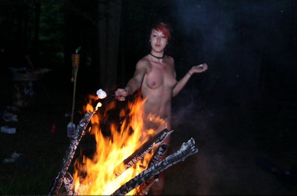 Nude Redhead Dances for Audience Campfire