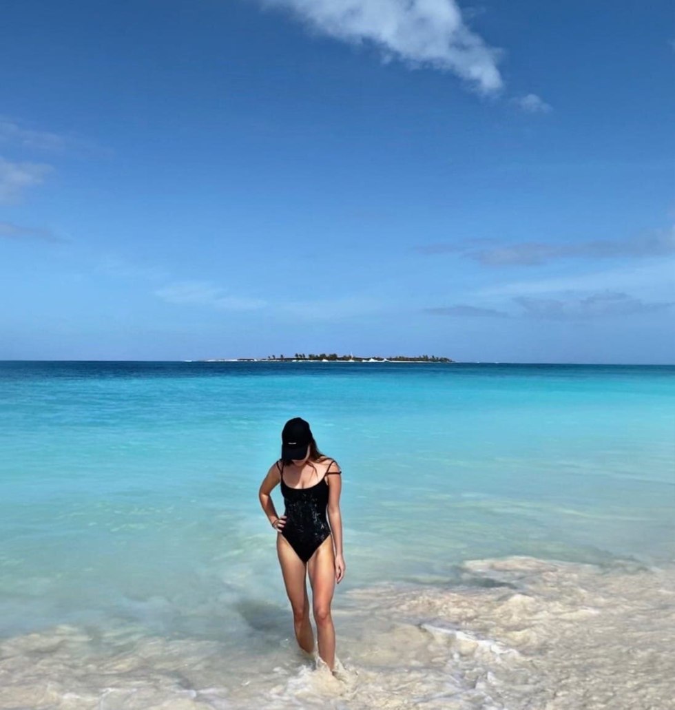 Julia Mikhalkova in a red dress