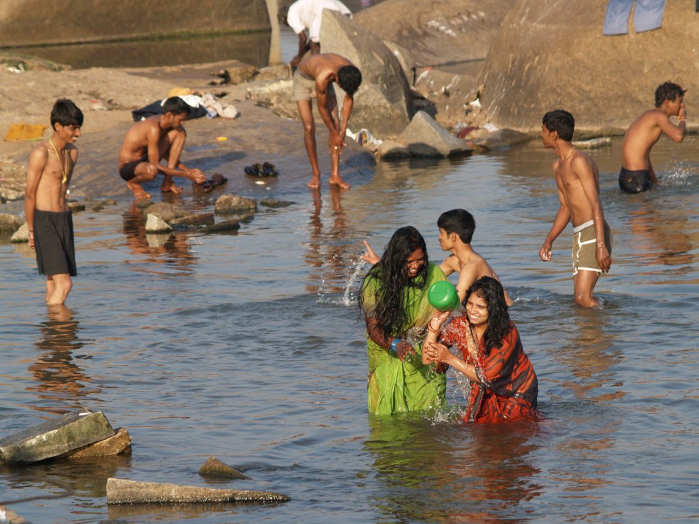 Indian Bathing in River