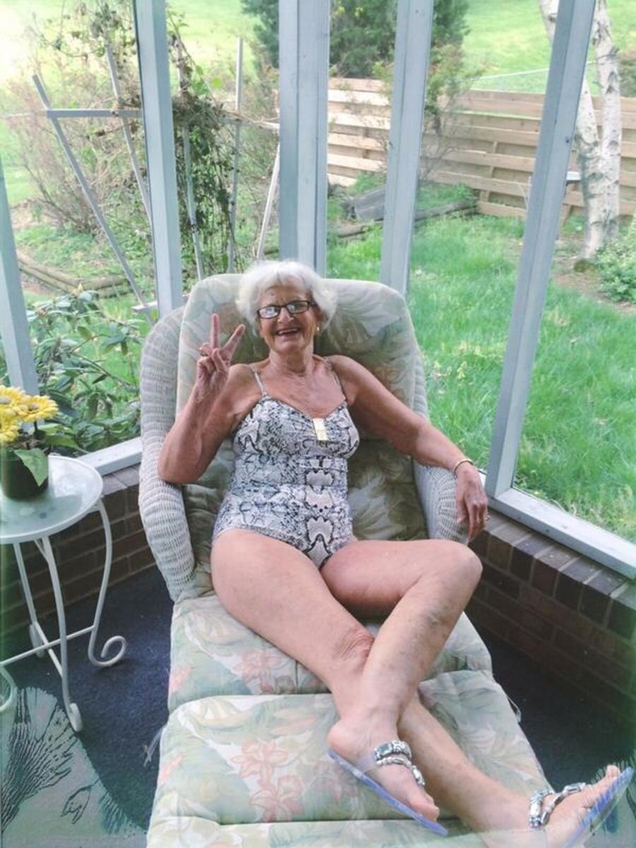 Old women in swimsuits in the country