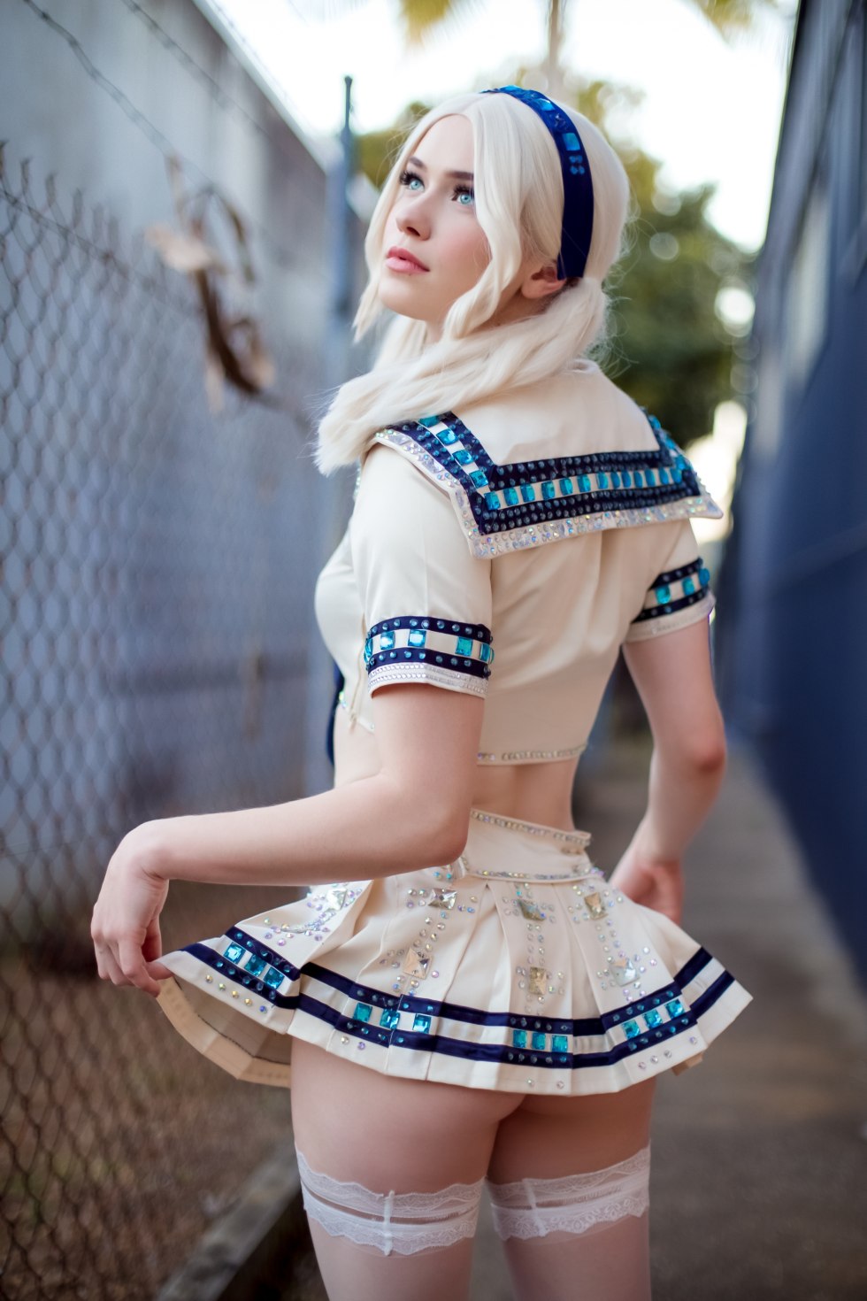School schoolgirl's costume (top, skirt, stockings, thongs, 2 rubber bands)