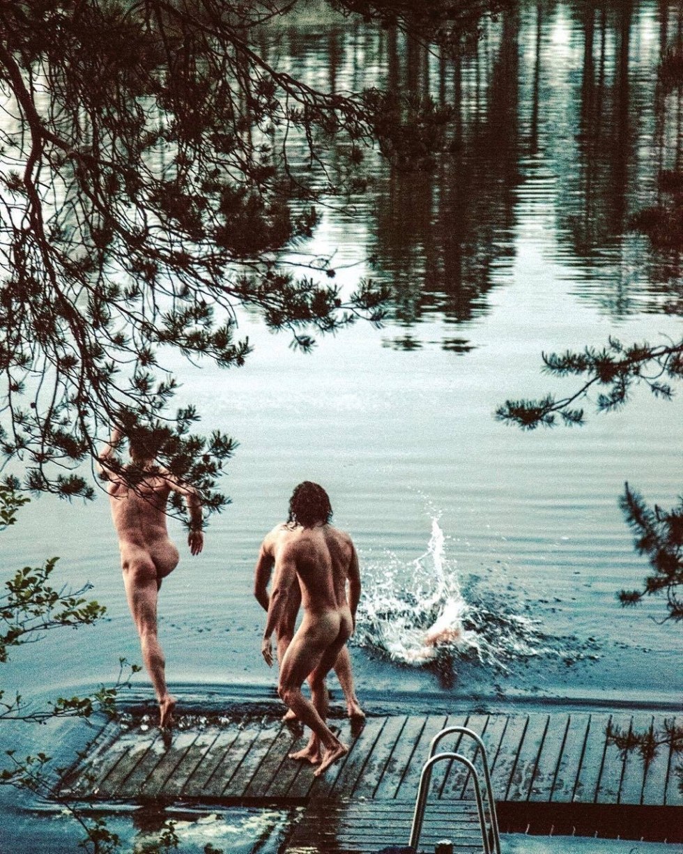 Russian guys on the river naked