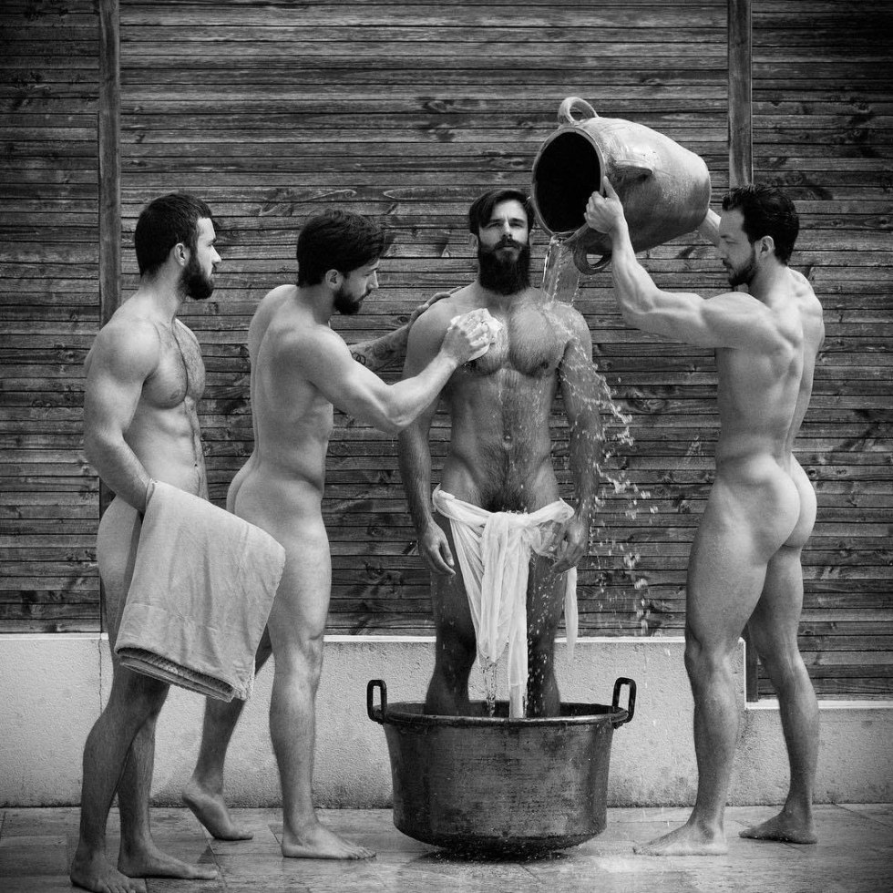 Naked men in a public bath