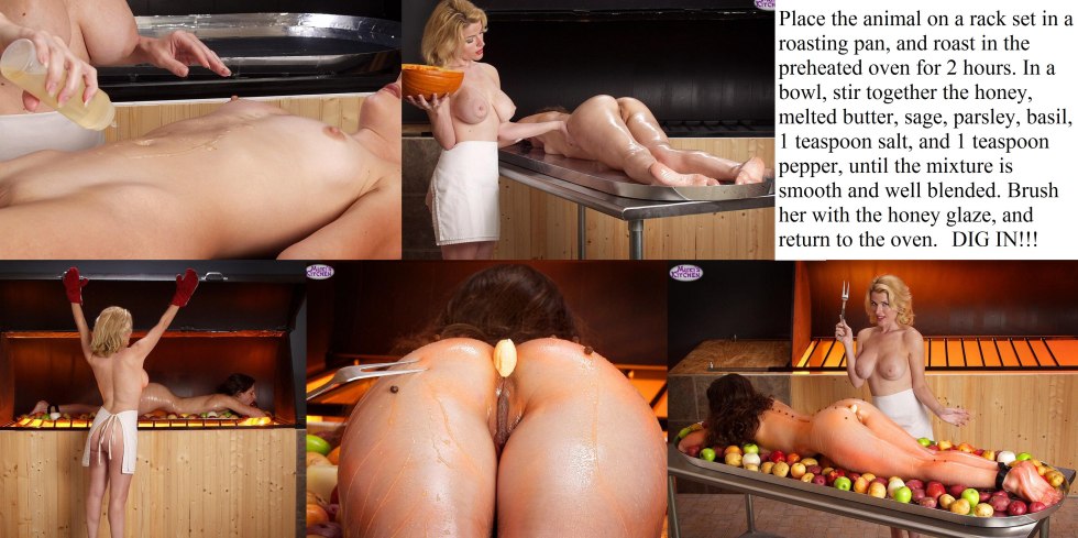 Naked woman is fried on a spit