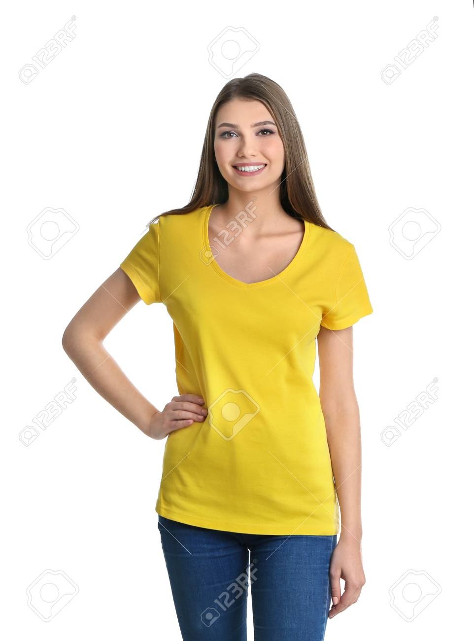 Brunette in a yellow T -shirt