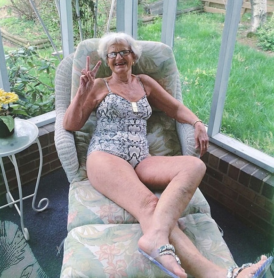 Granny in a swimsuit in the country