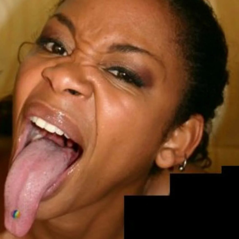 Naked woman with a long tongue