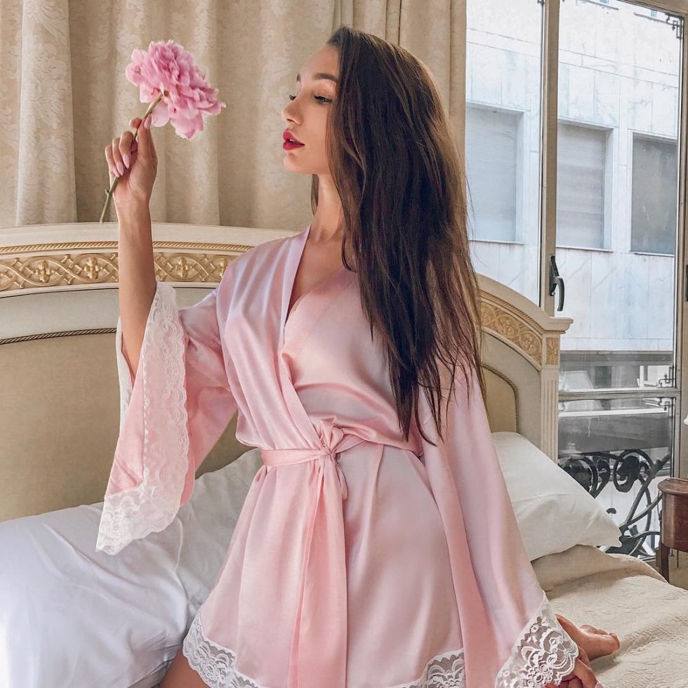In a thin pink robe ero nude