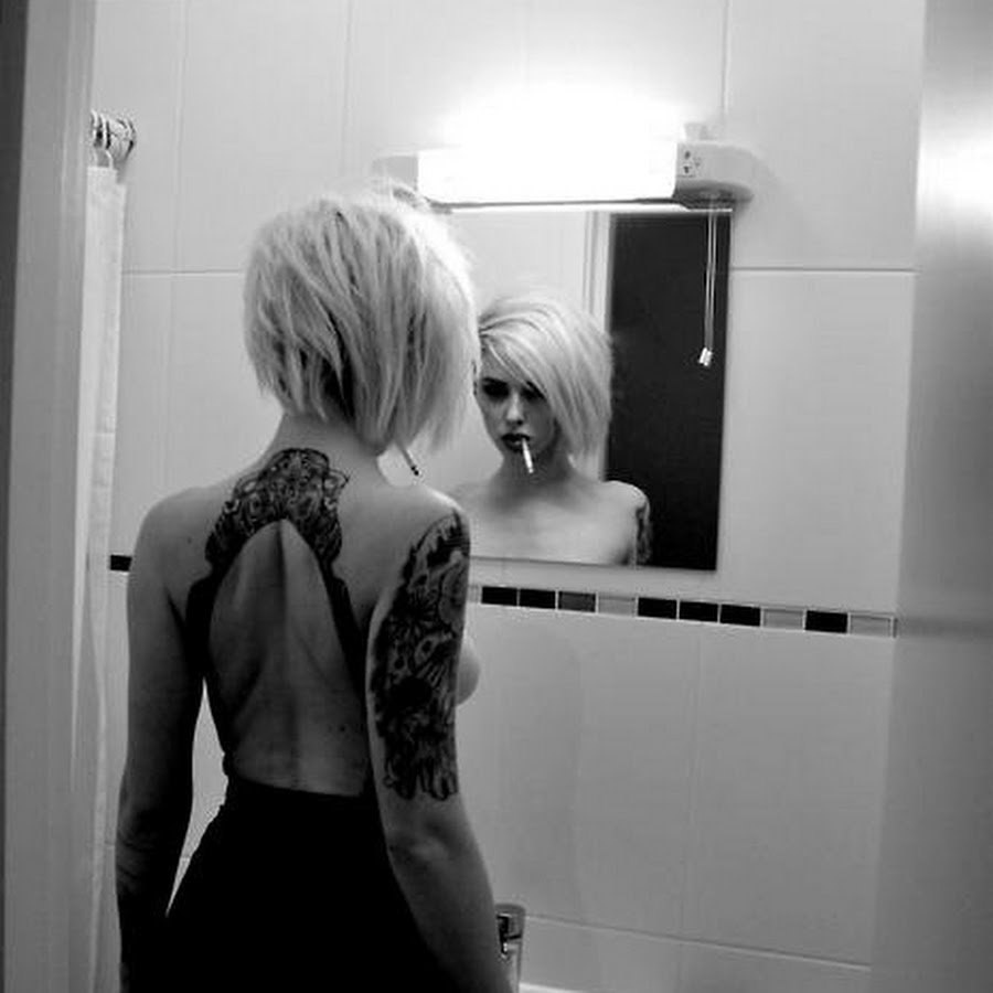 Blonde with short hair from behind