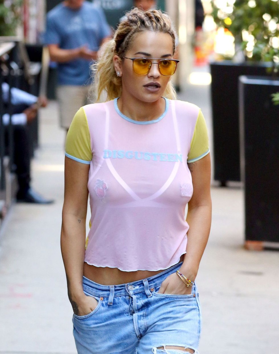 Skinny with big breasts on the street