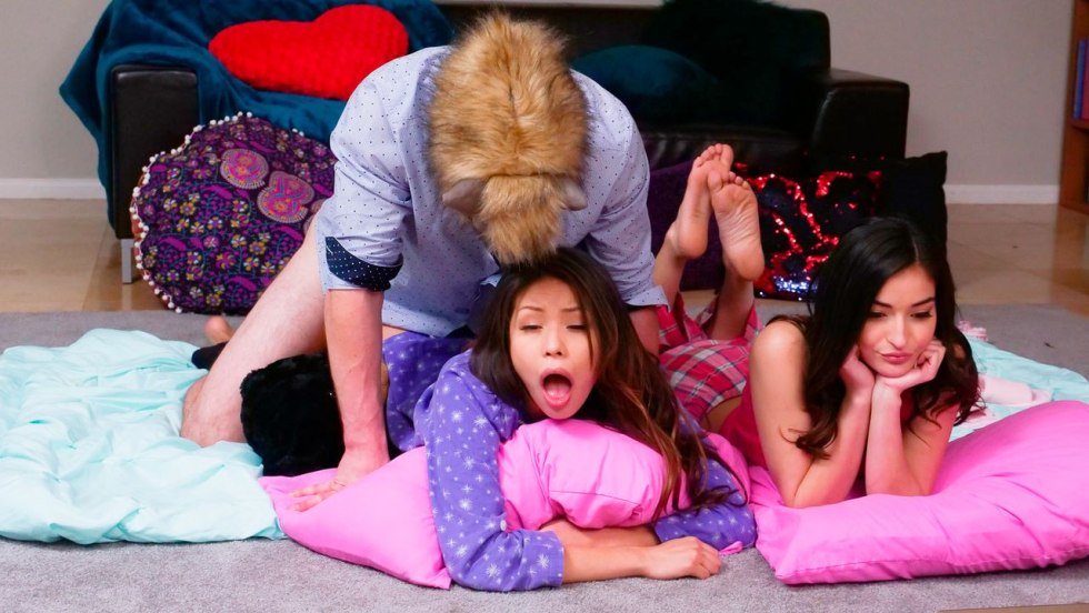 The wife is cheating while the husband is sleeping