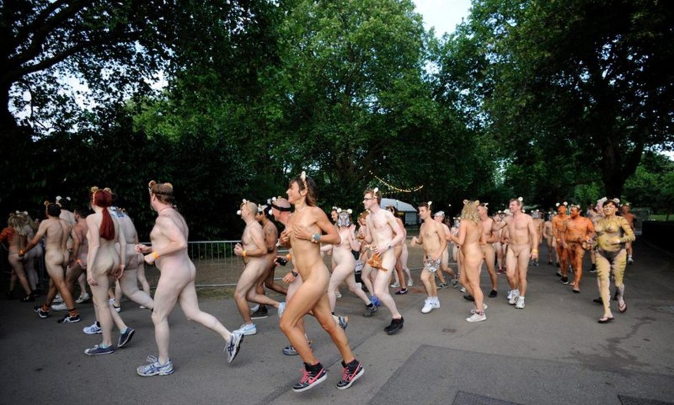 A crowd of naked women on the street