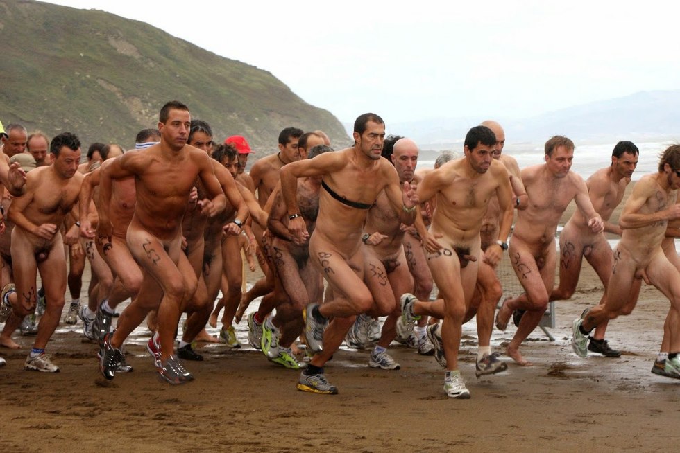 Run of naked men in the city