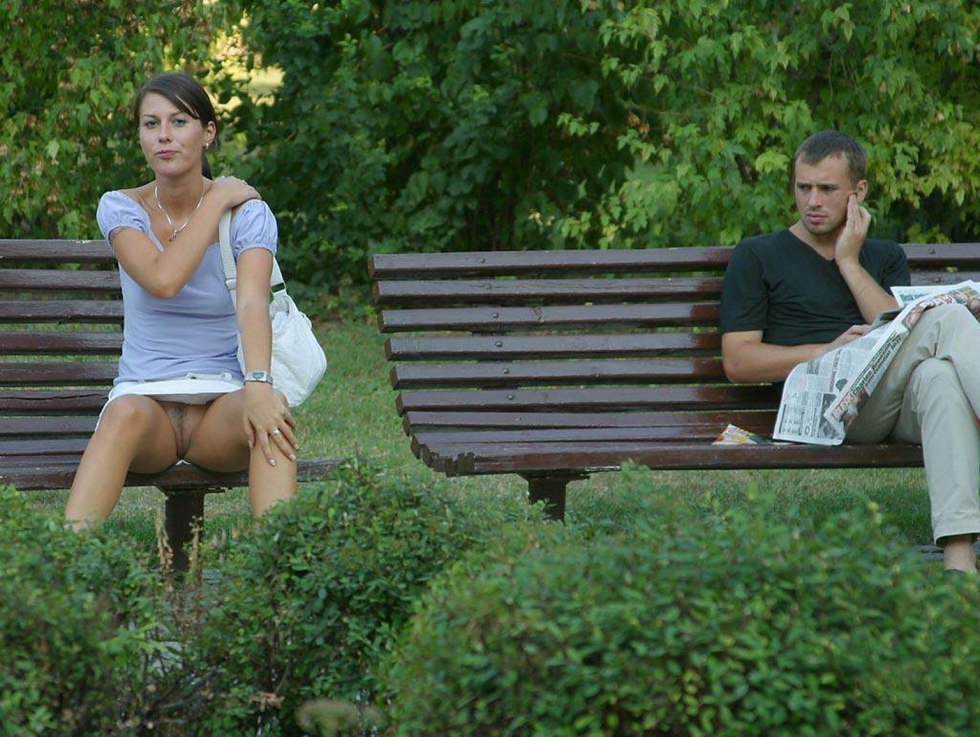 Girl on a bench without panties