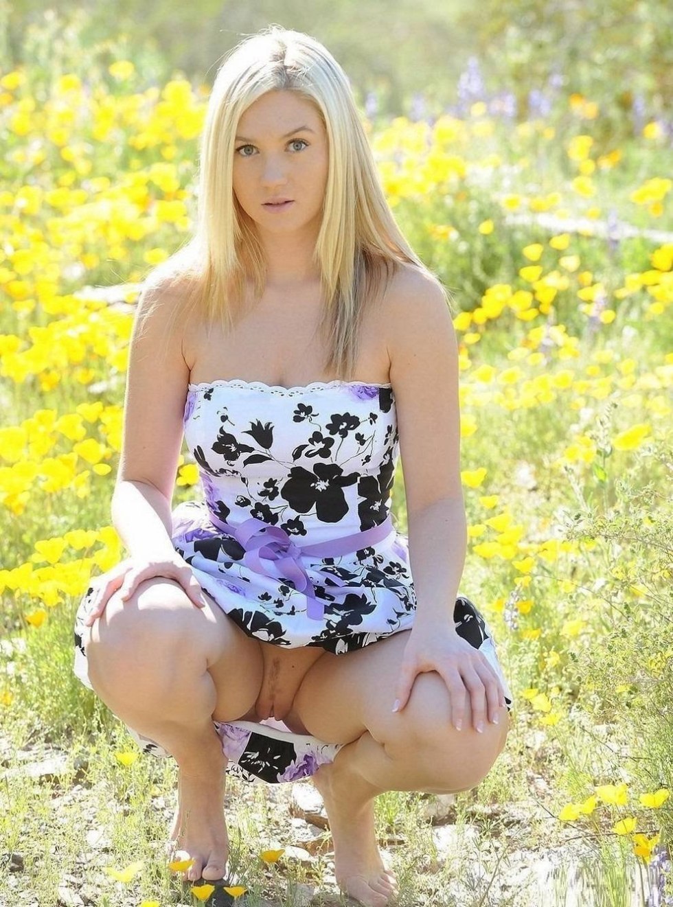 Girls in a sundress without panties