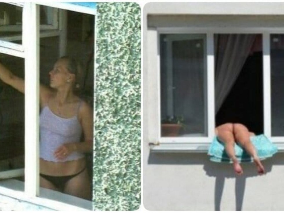 Sunbathes naked in the window