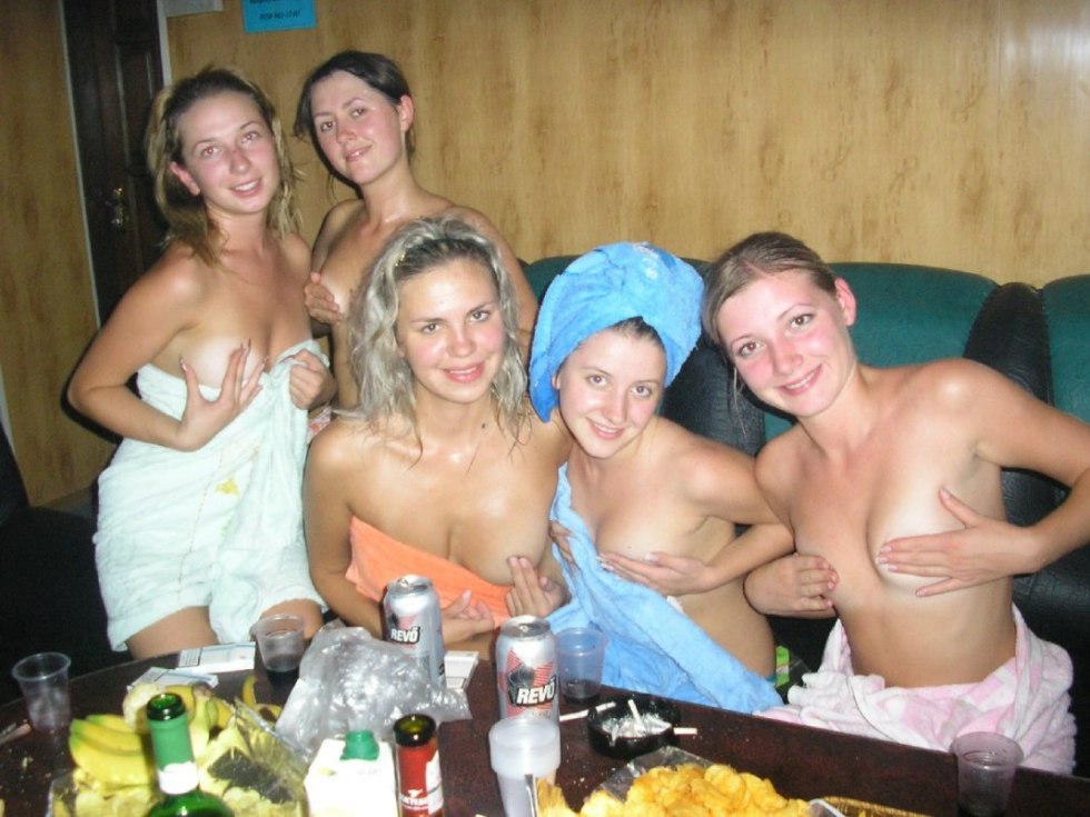 Women's corporate party in the nude sauna