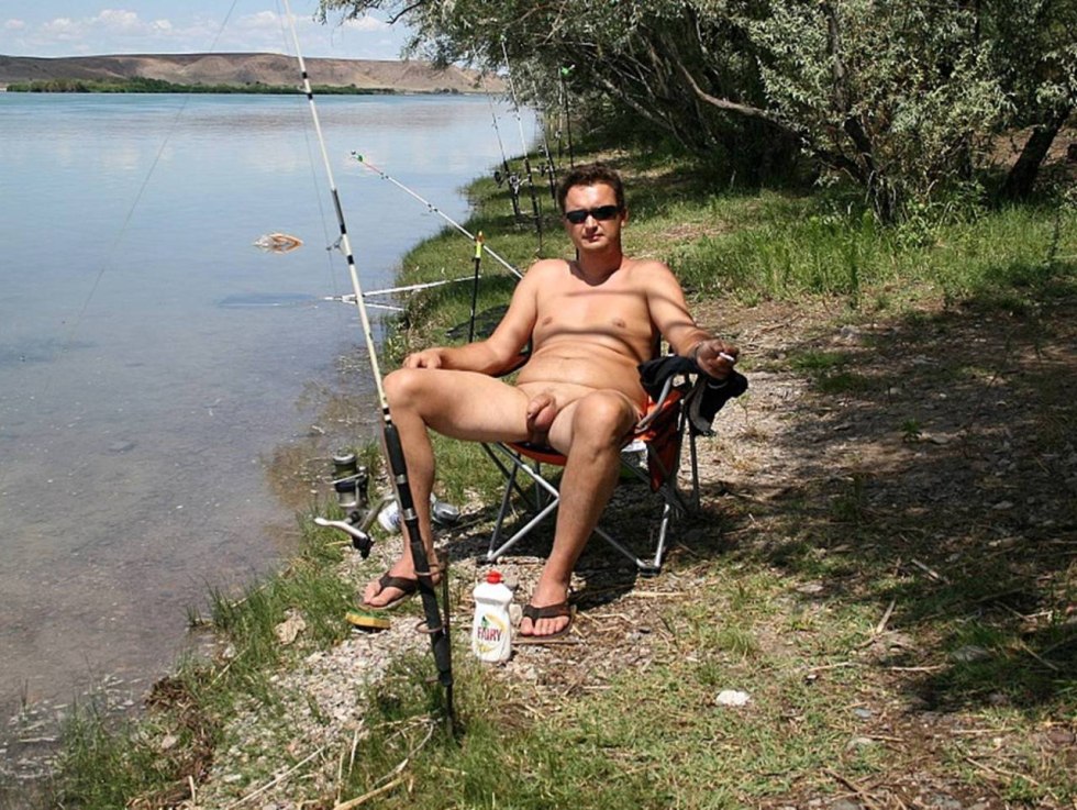Naked guy with fishing rod