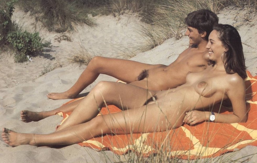 Naked nudists on the beach retro