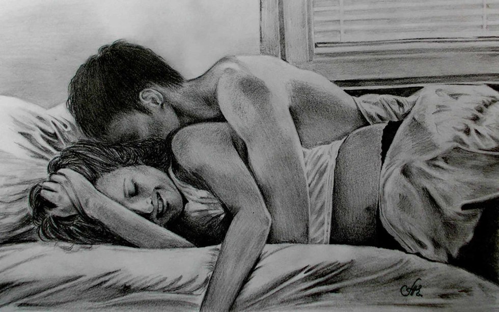 Painting man and woman in bed