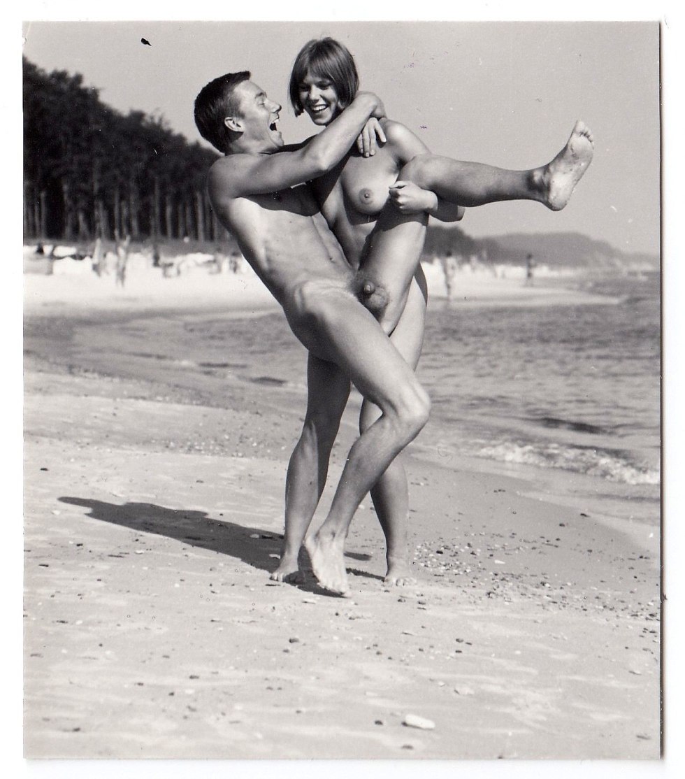 Naked girls with guys on the beach retro