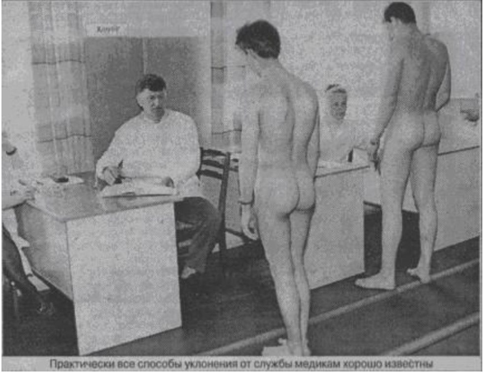 Naked guys on a medical examination at the military registration and enlistment office