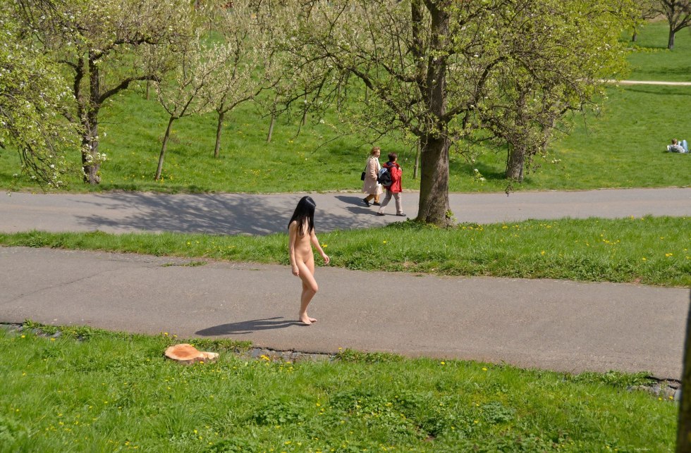 Modest on a walk nude