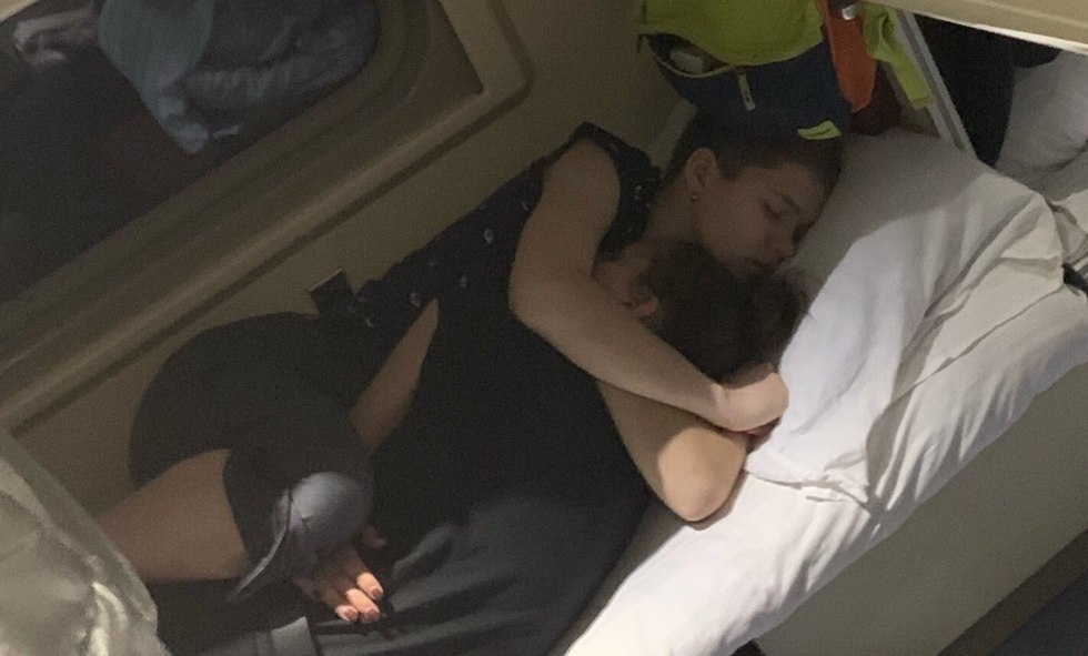 Naked girls sleep on the train