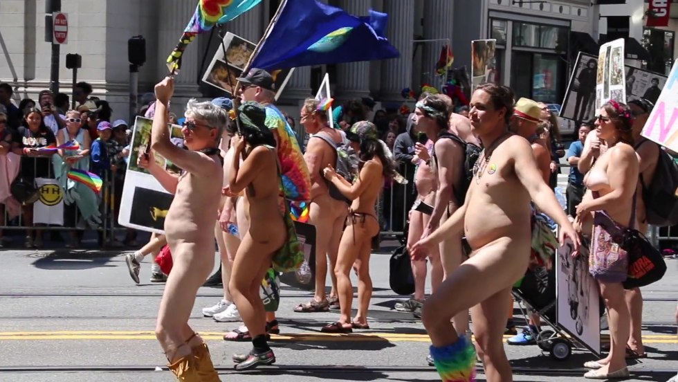 Parade of naked people on the street