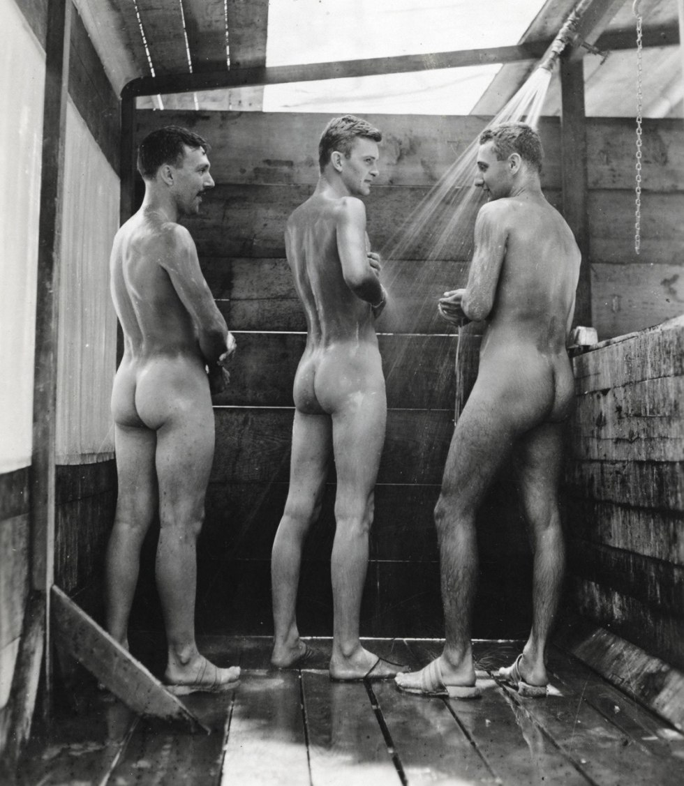 Naked women in a retro bathhouse
