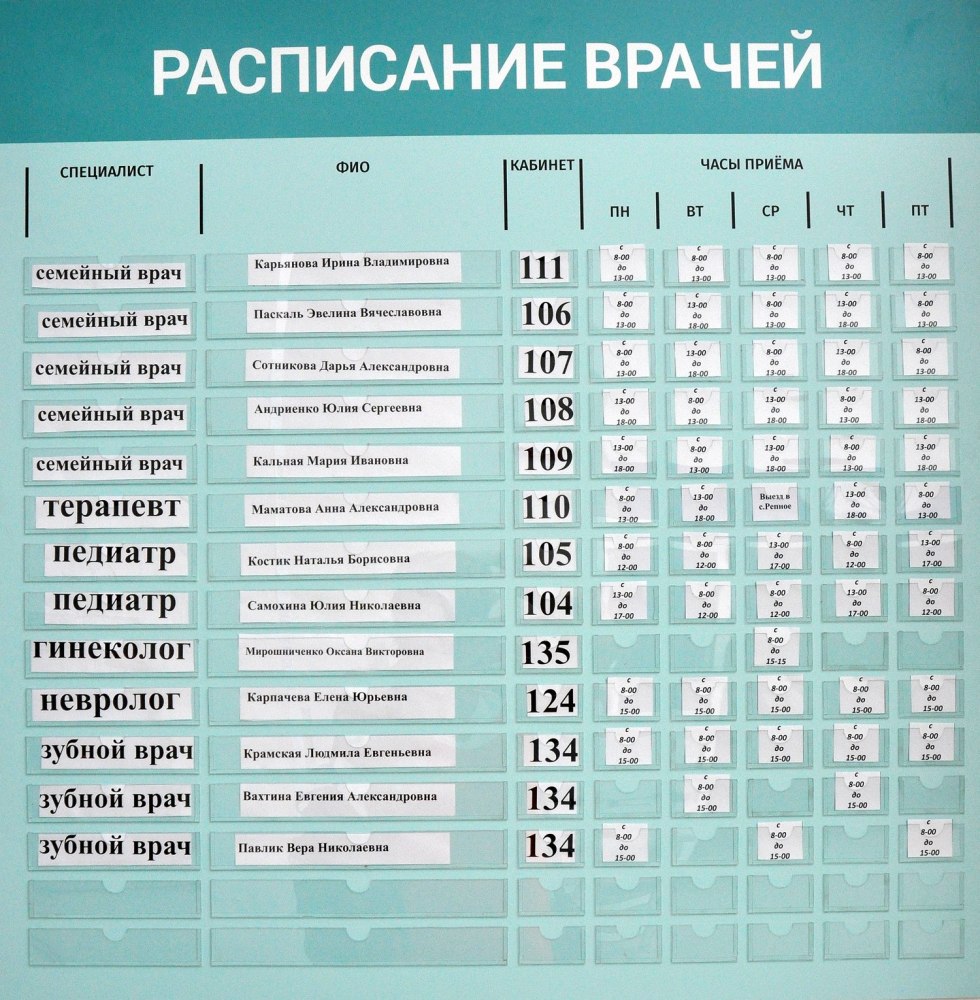 Schedule of doctors in the clinic