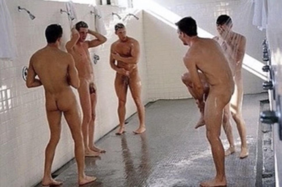 Naked men in the shower of the pool