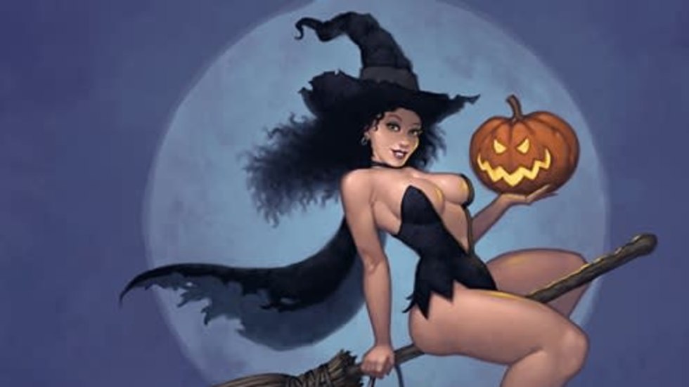 Beautiful witch on a broomstick