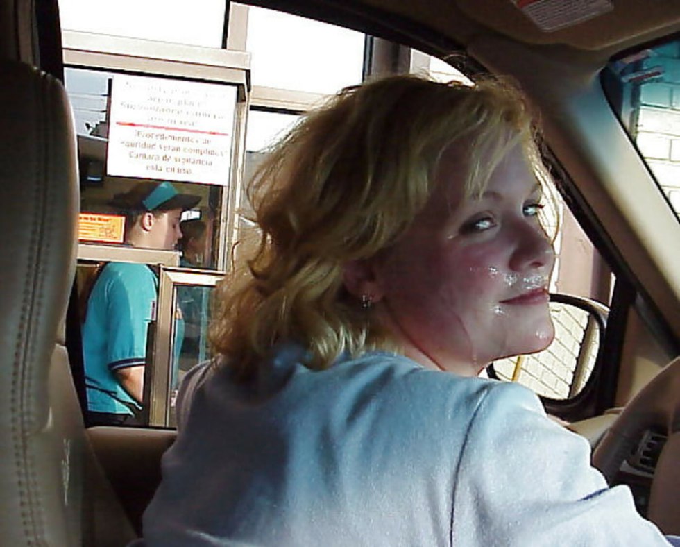 With cumshot on the face in public