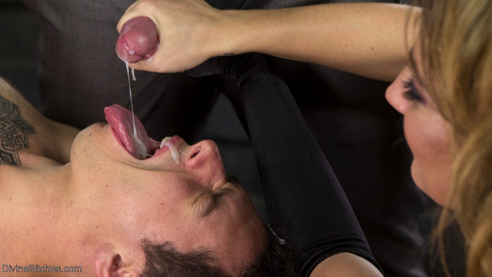 Madam cums in the mouth of a slave to a man bdsm