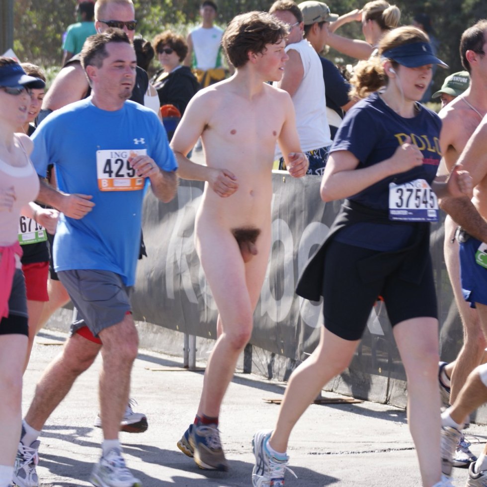 A man runs without panties