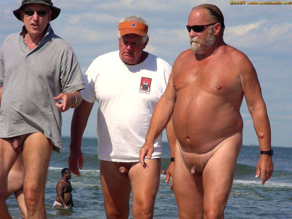 Elderly men without panties on the beach