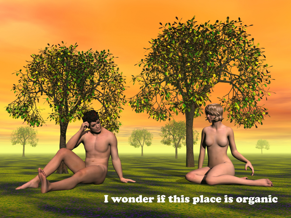 Naked Adam and Eve without a leaf
