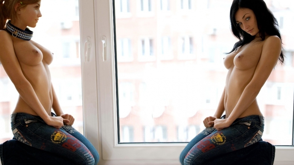 Girl in jeans undresses