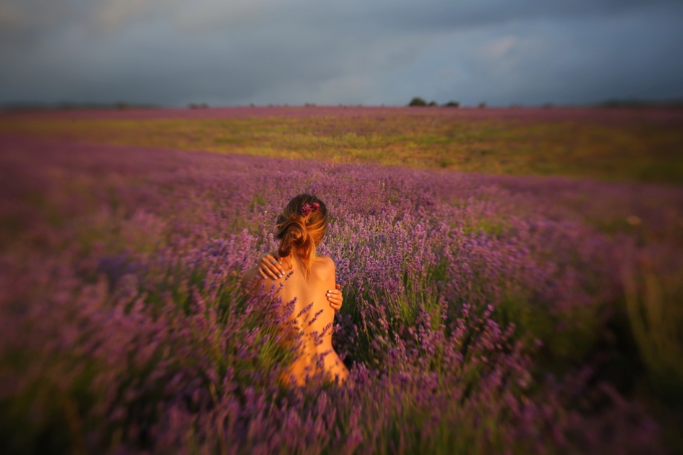 Photo session naked in a lavender field