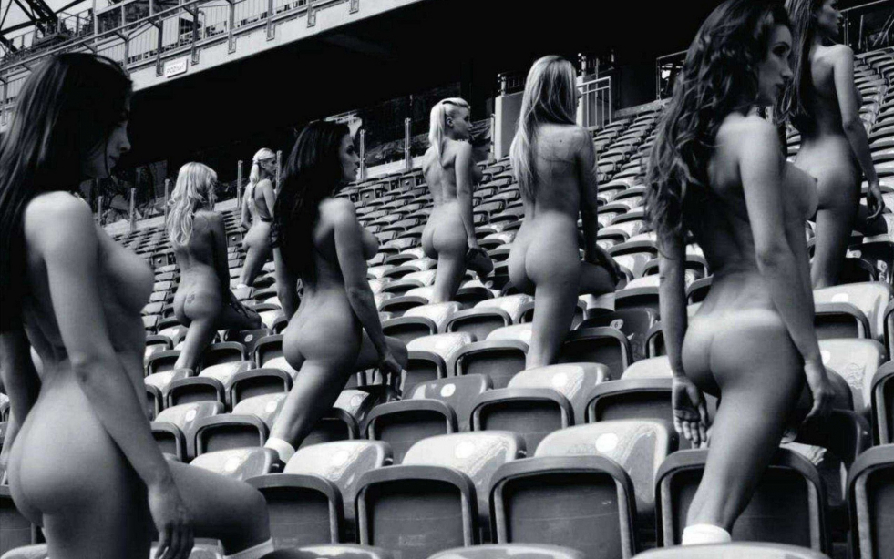 Naked in the stadium bleachers