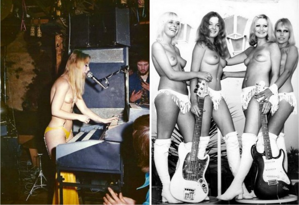 Naked rock musicians on stage