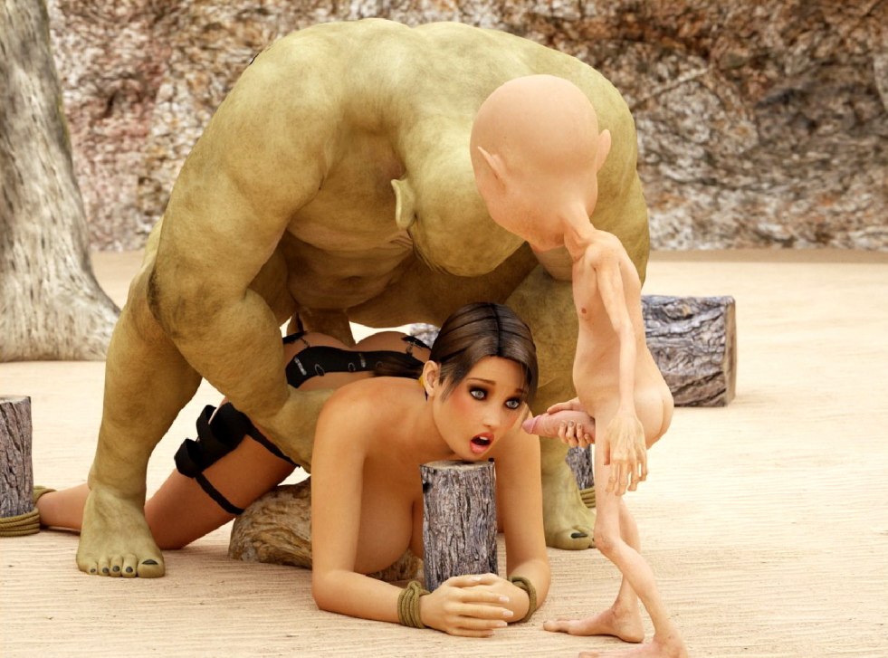 3D comic lara croft with monster