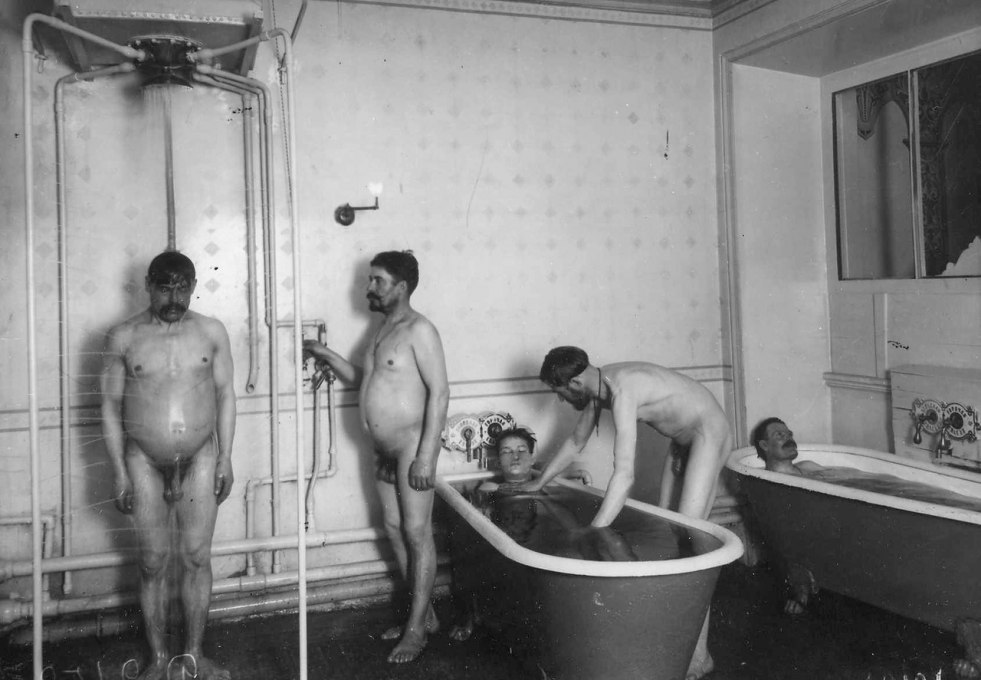 Naked guys in a retro ban