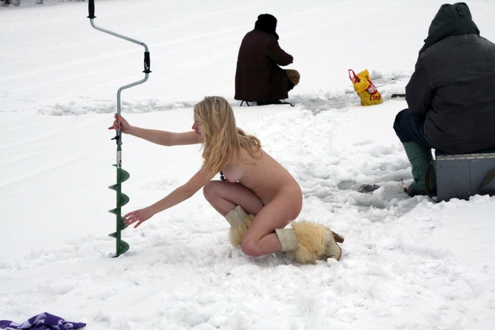 Naked women on winter fishing
