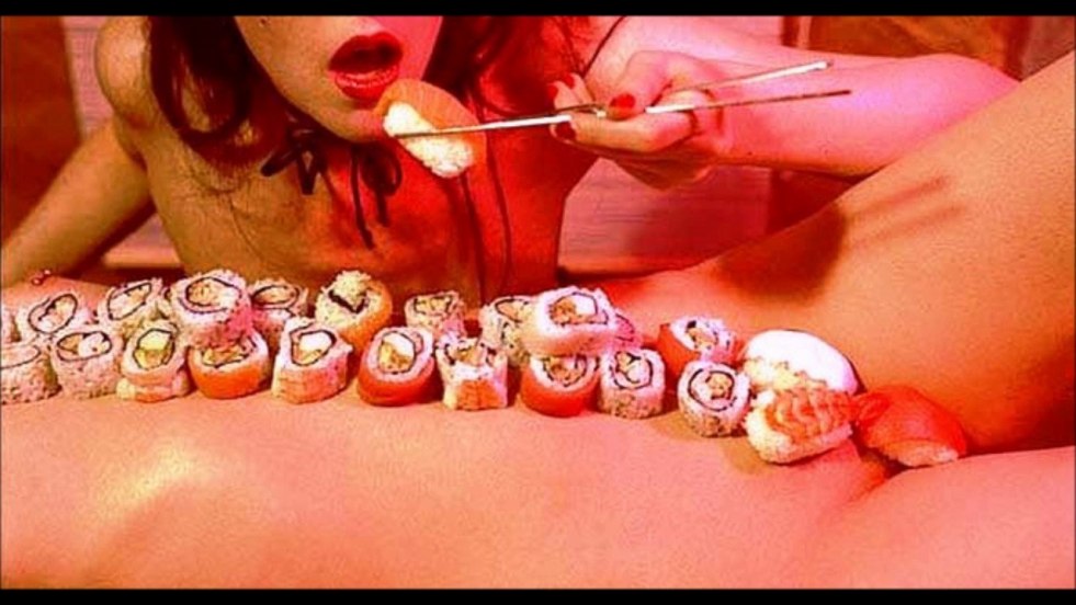 Sushi on the guy's body