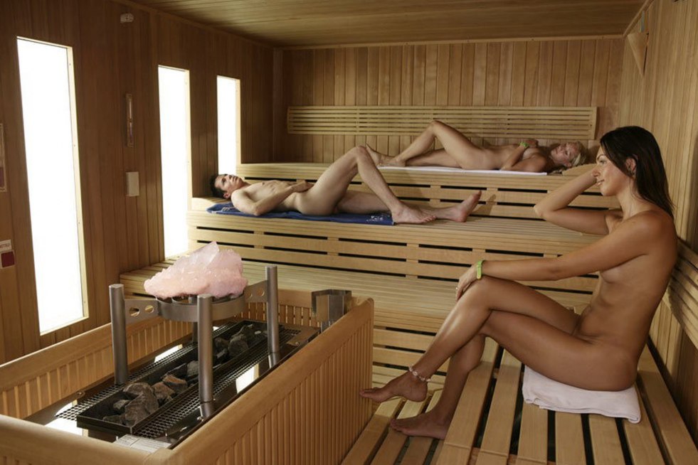 Girls naked in a sauna with guys