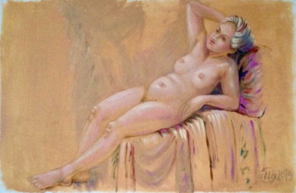 Naked guys posing by an artist